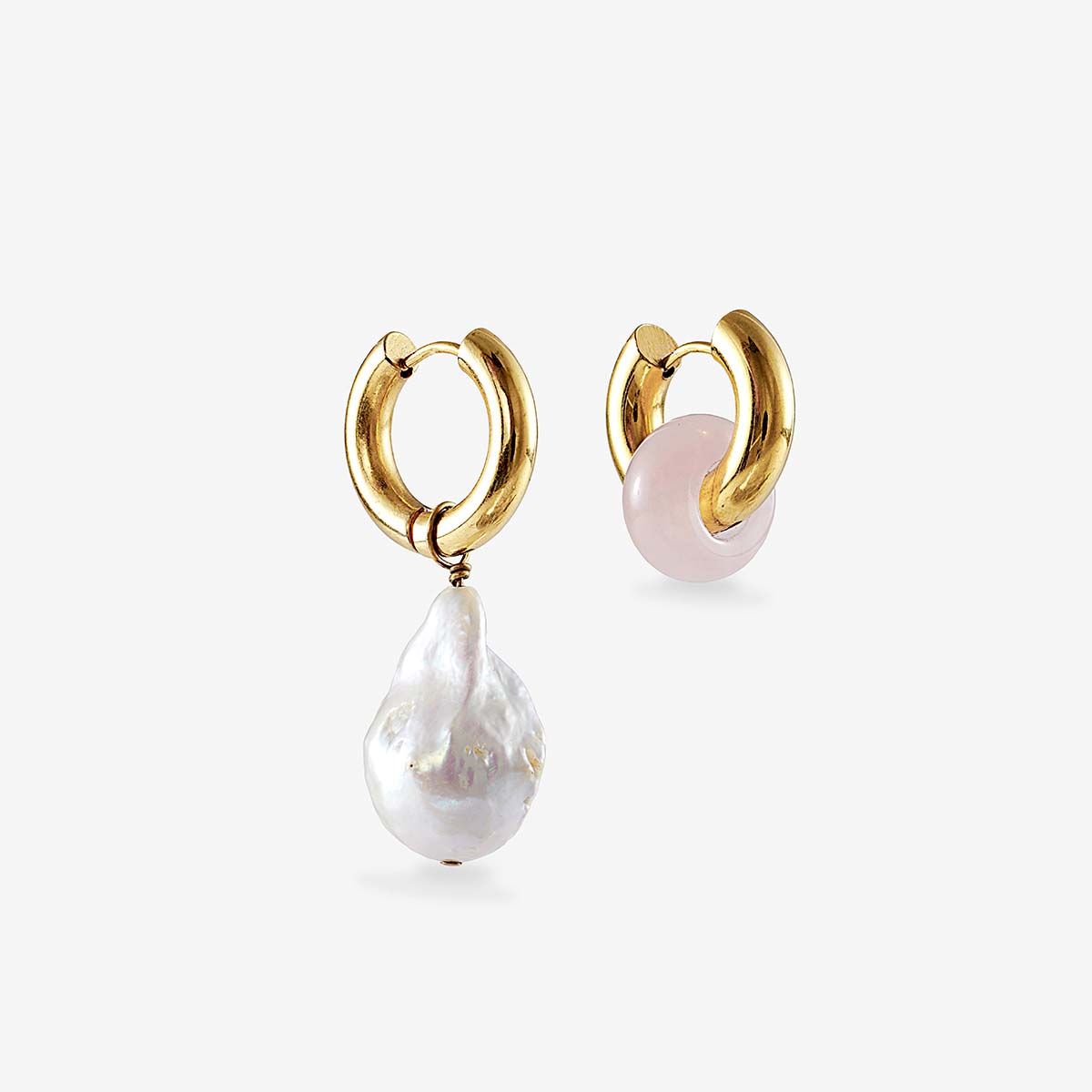 Baroque pearl and rose quartz earrings - Perlenohrringe - Gold